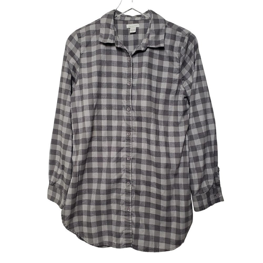Garnet Hill Check Flannel Tunic Organic Pima Cotton Gray Button Up Womens Sz 8